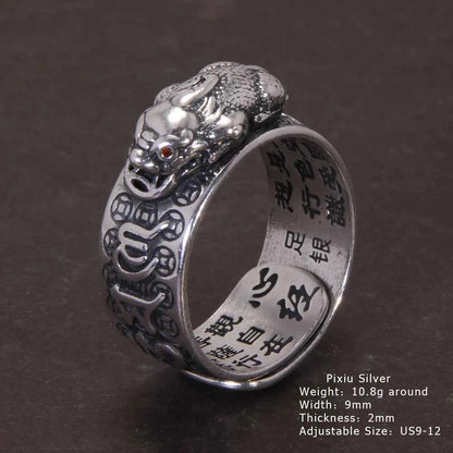 Vintage Pure Silver 999 Six Words Heart Sutra Ring Men's Adjustable Golden Pixiu Vajra Buddhist Religious Fine Jewelry