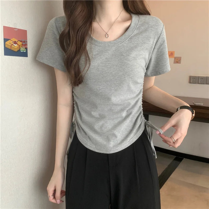 Drawstring Short Sleeve T-shirt Women Spring Summer Spicy Style Slim Fit Short Unique Top M L Xl 2XL Korean Casual Style - AMULET RING STORE