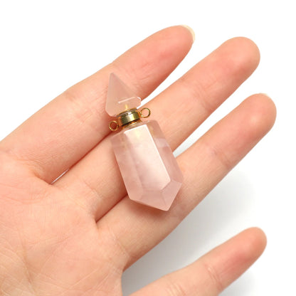 Natural Stone Rose Clear Quartz Perfume Bottle Pendant Pearl Gravel Chain Essential Oil Diffuser Charms Women Jewerly Necklace - AMULET RING STORE