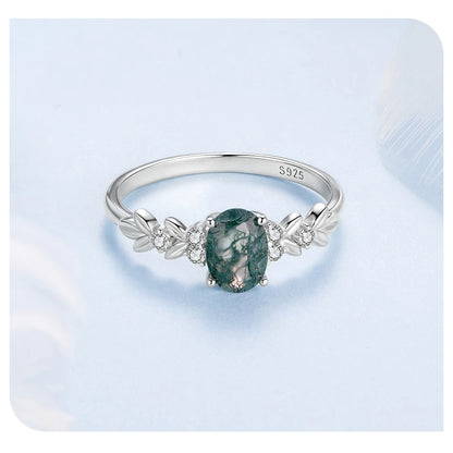 WOSTU Natural Moss Agate Ring For Women  925 Sterling Silver Oval Cut Sea Grass Agate Flower Rings Wedding Party Jewelry Gift