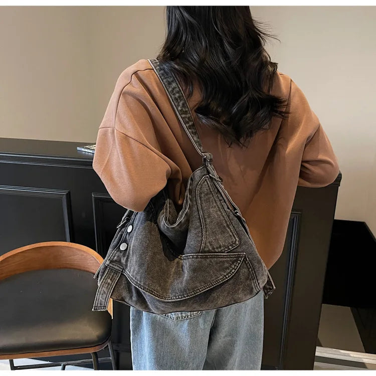 2025 New Women's Denim Tote Bag - Retro Crossbody Shoulder Bag with Large Capacity for Work & Commute, Fashionable Denim Handbag