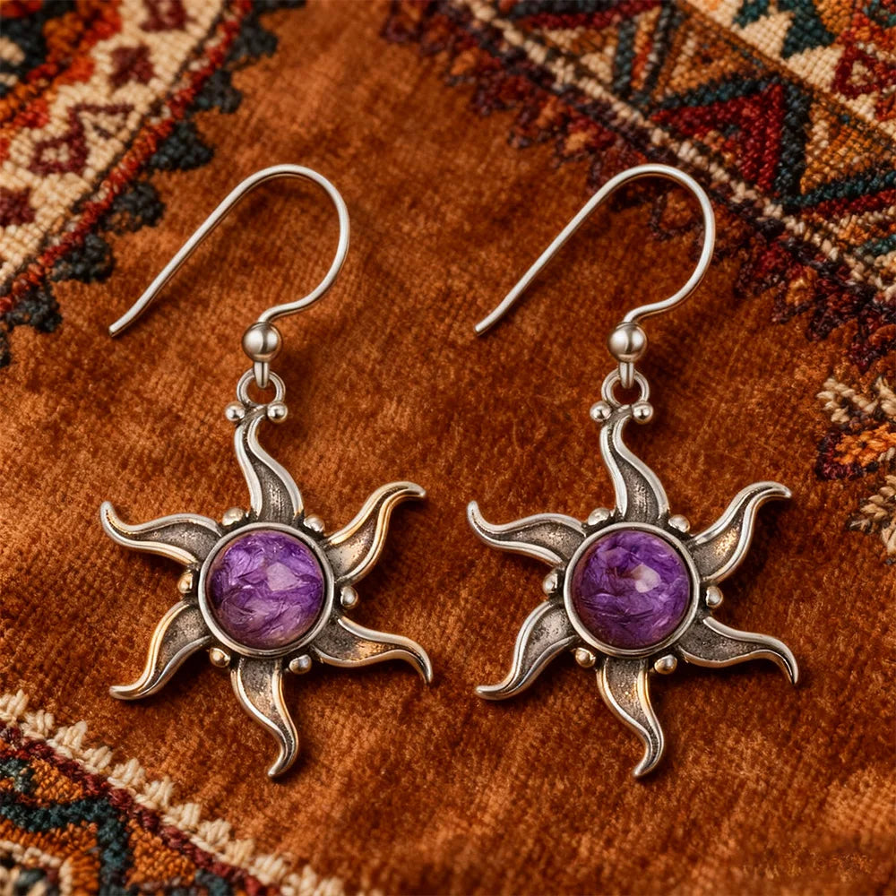 Vintage Boho Natural Charoite Drop Earrings for Women Sunflower Shaped Dangle Earings Statement Party Anniversary Jewelry Gifts