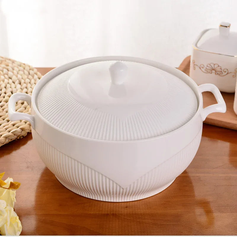 Ceramic Soup Pot Nordic Phnom Penh White Round 2.6L Large Bowl with Lid Cooking Utensils Household Kitchen Supplies Tableware - AMULET RING STORE