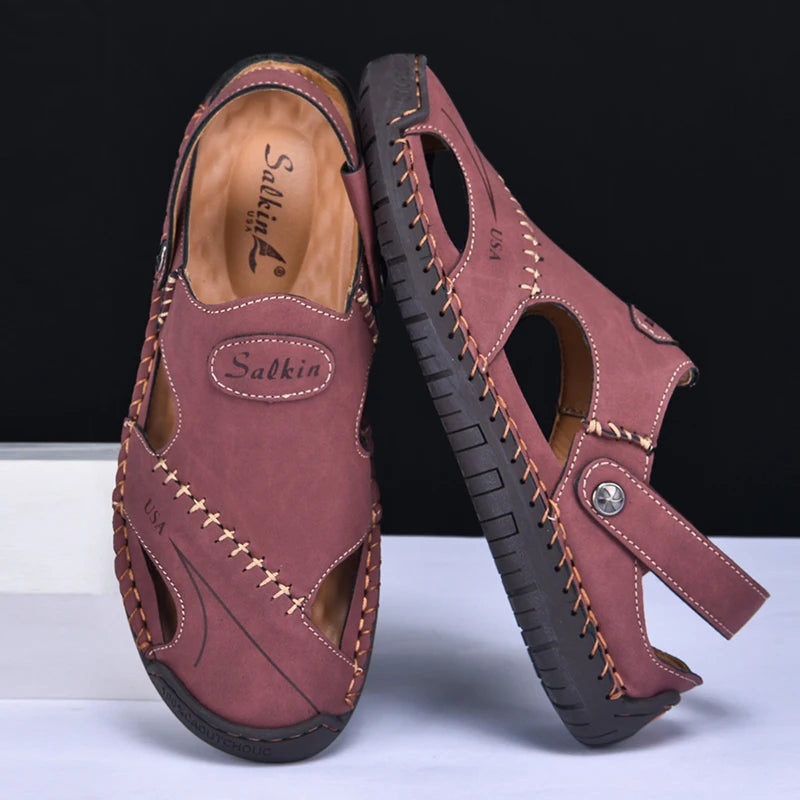 New Handmade Summer Sandals Men Breathable Leather Shoes Man Outdoor Men Sandals Antiskid Beach Sandals Hollow Shoes Fashion