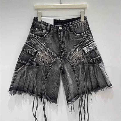 Streetwear American Vintage Heavy Industry Washed Holes and Burrs Denim Shorts Y2 Gothic Old Multi-pocket Casual Joker Pants