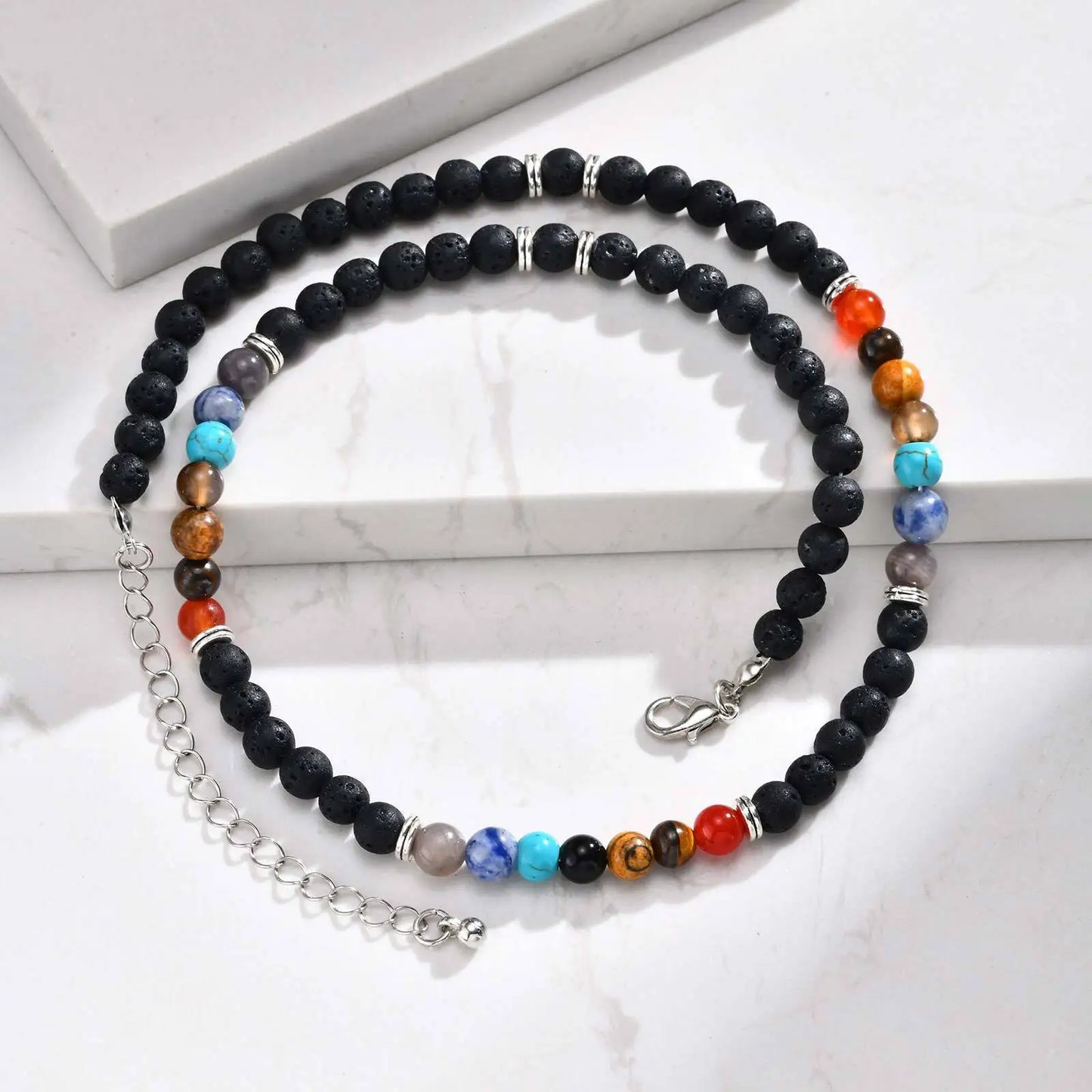 Vnox Volcanic Stone Bead Necklace for Men, Adjustable Stainless Steel Beaded Collar Chokers, Link Chain Jewelry Gift for Him New