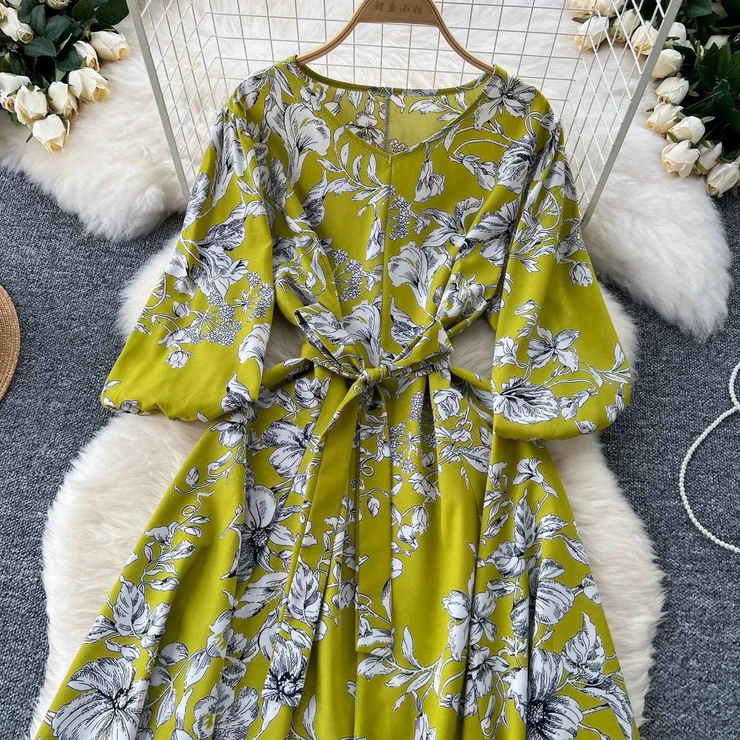 Elegant Boho Floral Print Floral Pleated Maxi Long Dress Female V Neck Puff Sleeve Belt Dresses Women Summer Dress Robe