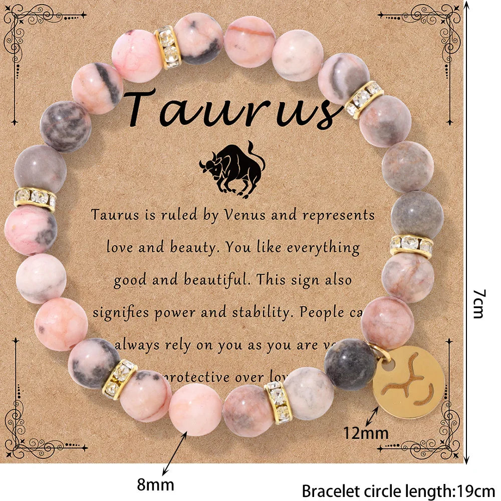 MHS.SUN 12 Star Zodiac Sign Pink Zebra Stone Beaded Bracelets Constellation Fashion Birthday Party Jewelry For Women Men