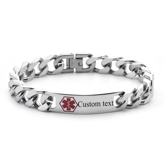 Medical SOS Custom Text Men Stainless Steel Bracelets Cuban Chain Smooth Engrave Logo Id Bracelet Gift Jewelry Wholesale Lots