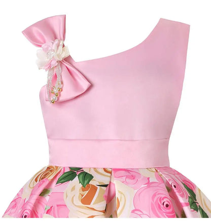Summer Girls Rose Print Dress Princess Wedding Birthday Party Frocks Satin Children Vestidos Dresses For Girl Christmas Clothing