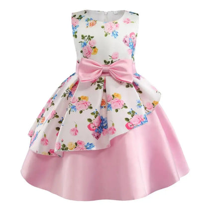 Summer Girls Rose Print Dress Princess Wedding Birthday Party Frocks Satin Children Vestidos Dresses For Girl Christmas Clothing
