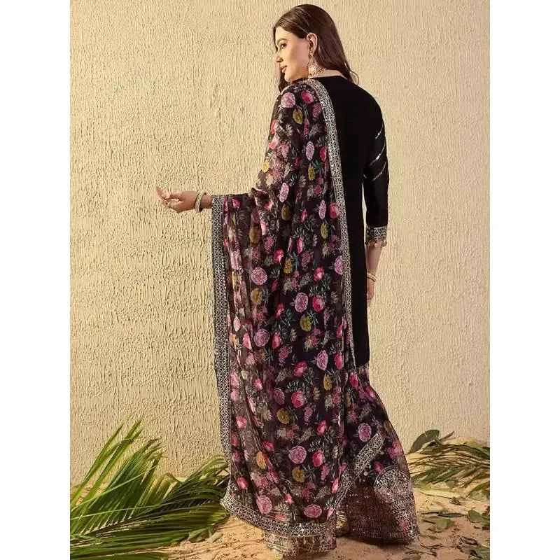 Women's Vintage Indian Heavy Embroidered Georgette Punjabi Suit Sequins 3 PCS Set Tunic Pants Dupatta for Wedding Festival Party