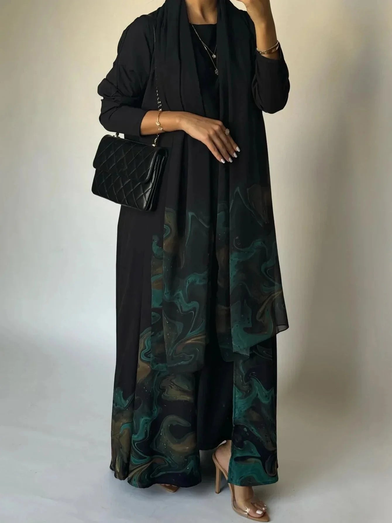 Middle Eastern Loose Open Front Abaya Muslim Women Full Sleeve Printed Abayas Turkey Kaftans Jilbabs Islamic Maxi Dresses - AMULET RING STORE