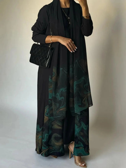 Middle Eastern Loose Open Front Abaya Muslim Women Full Sleeve Printed Abayas Turkey Kaftans Jilbabs Islamic Maxi Dresses - AMULET RING STORE