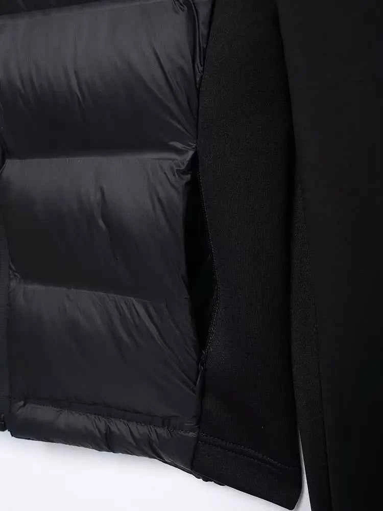 Hooded Patchwork Padded Jacket Coat with Pockets for Women, Long Sleeve, Front Zipper, Female Outerwear, Chic Tops, Fashion