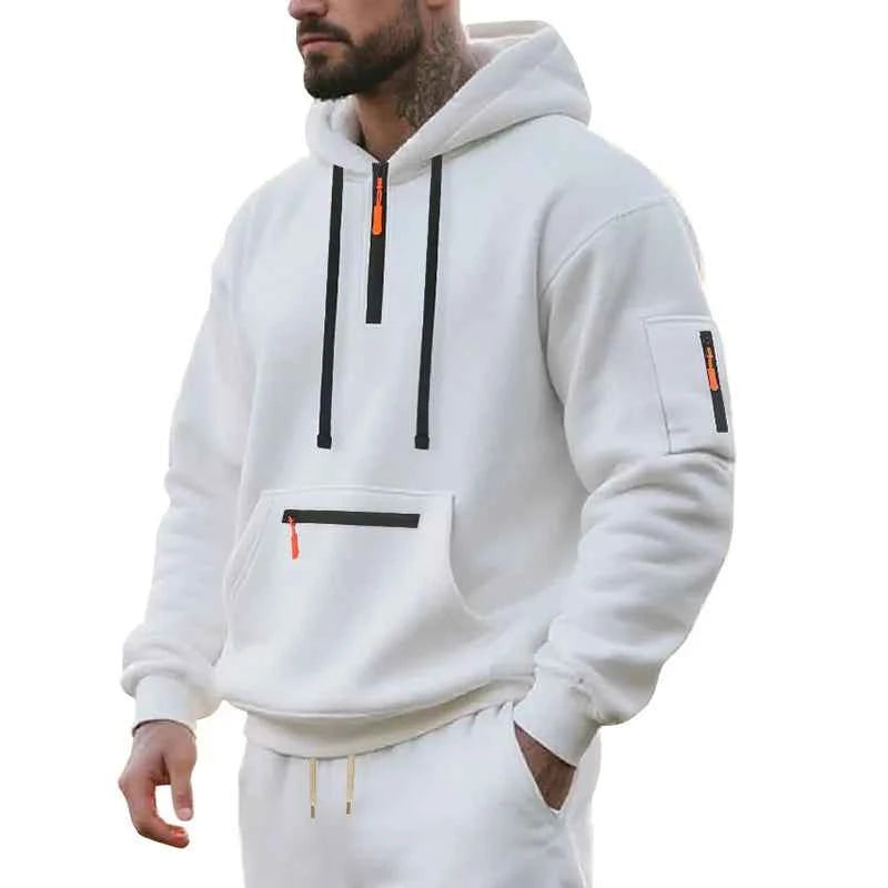 Men's Hooded Fleece Pullover Sporty Casual Jacket European American Style Autumn Winter Warm Comfortable Men's Outerwear