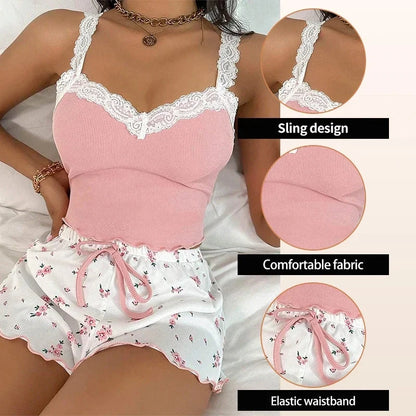 Women's Two-Piece Summer Ribbed Knitted Flower Print Lace Trimmed Camisole Vest and Bow Shorts Sexy Pajama Set - AMULET RING STORE