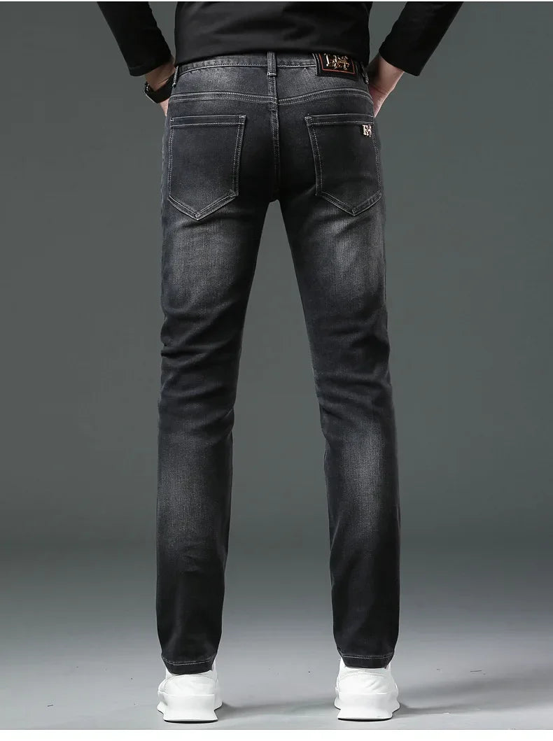 H Home Autumn/Winter Thickened European Style High-End Jeans Men's Trendy Brand Slims Smooths Your Silhouette Small Footed Trend