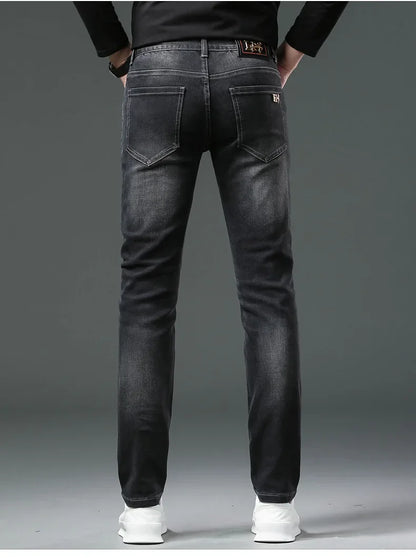 H Home Autumn/Winter Thickened European Style High-End Jeans Men's Trendy Brand Slims Smooths Your Silhouette Small Footed Trend