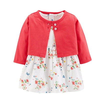 Infant Baby Girls Bodysuit Dress Cotton Floral Baby Girls Long-Sleeved Coat+Short SLeeve Dress 2Pieces Baby Girls Clothes sets