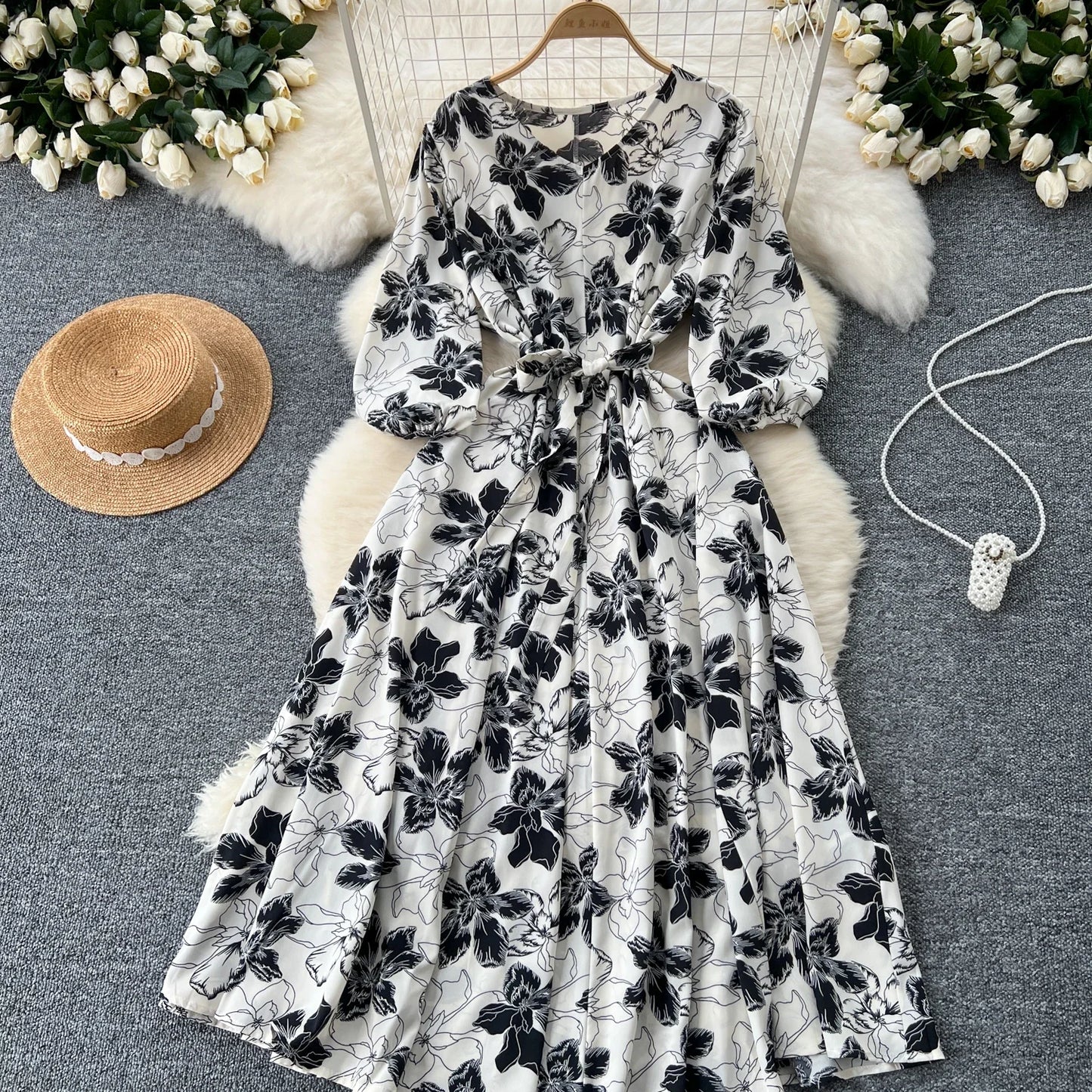 Elegant Boho Floral Print Floral Pleated Maxi Long Dress Female V Neck Puff Sleeve Belt Dresses Women Summer Dress Robe