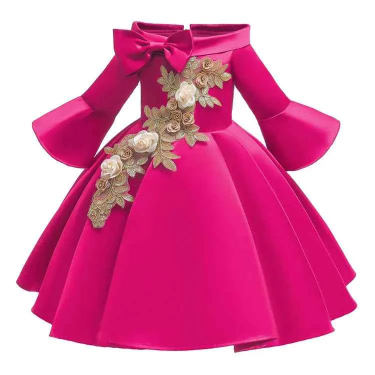 Fashion Floral Flower Girl Dresses for Weddings Solid Children Clothing Girls Dresses Long Seleve Kids Clothing Princess Dress