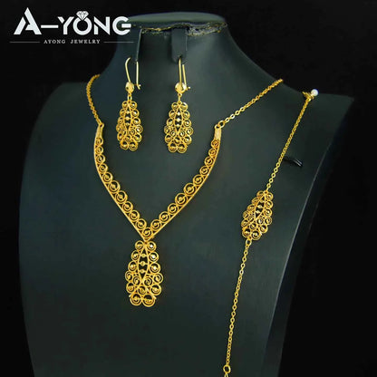 Luxury Dubai Wedding Jewelry Set 21k Gold Plated Arab Bridal Gold Necklace Bracelet Earrings Brazilian Women Vintage Jewelrys