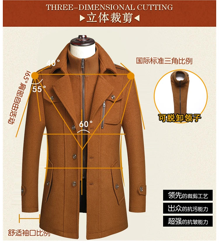 Men's Double Collar Wool Coat  Fashion Handsome Autumn Winter Business Style High Quality Middle-aged Men's Fashion Woolen Coat