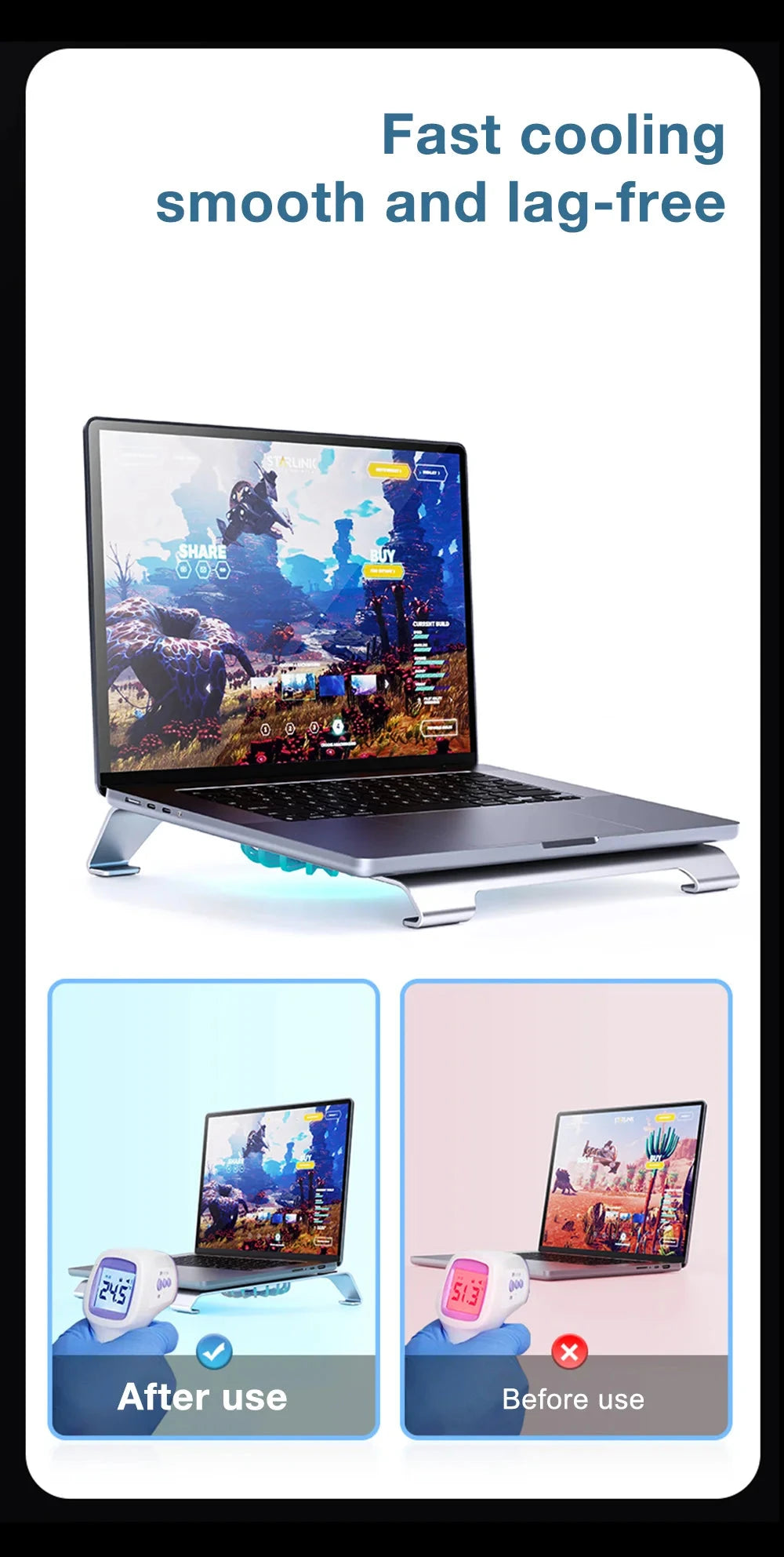 2 High - Speed Fan Aluminum Laptop Cooler with Pad, Adjustable Stand, for 10 - 15" Laptops - AMULET RING STORE