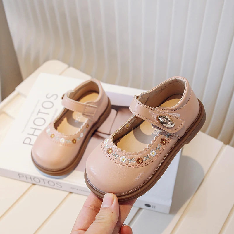 Toddler Girl's Mary Janes Flower Embroider Shallow Sweet Children Leather Shoes Three Colors Hook-loop Comfy Kids Shoe 21-30 - AMULET RING STORE