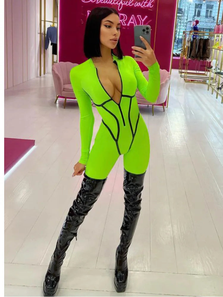 Articat Sexy Zipper Women Jumpsuit Long Sleeve Bandage Tights Solid Jumpsuits Female Party Bodycon Stretch Sporty & Leisure - AMULET RING STORE