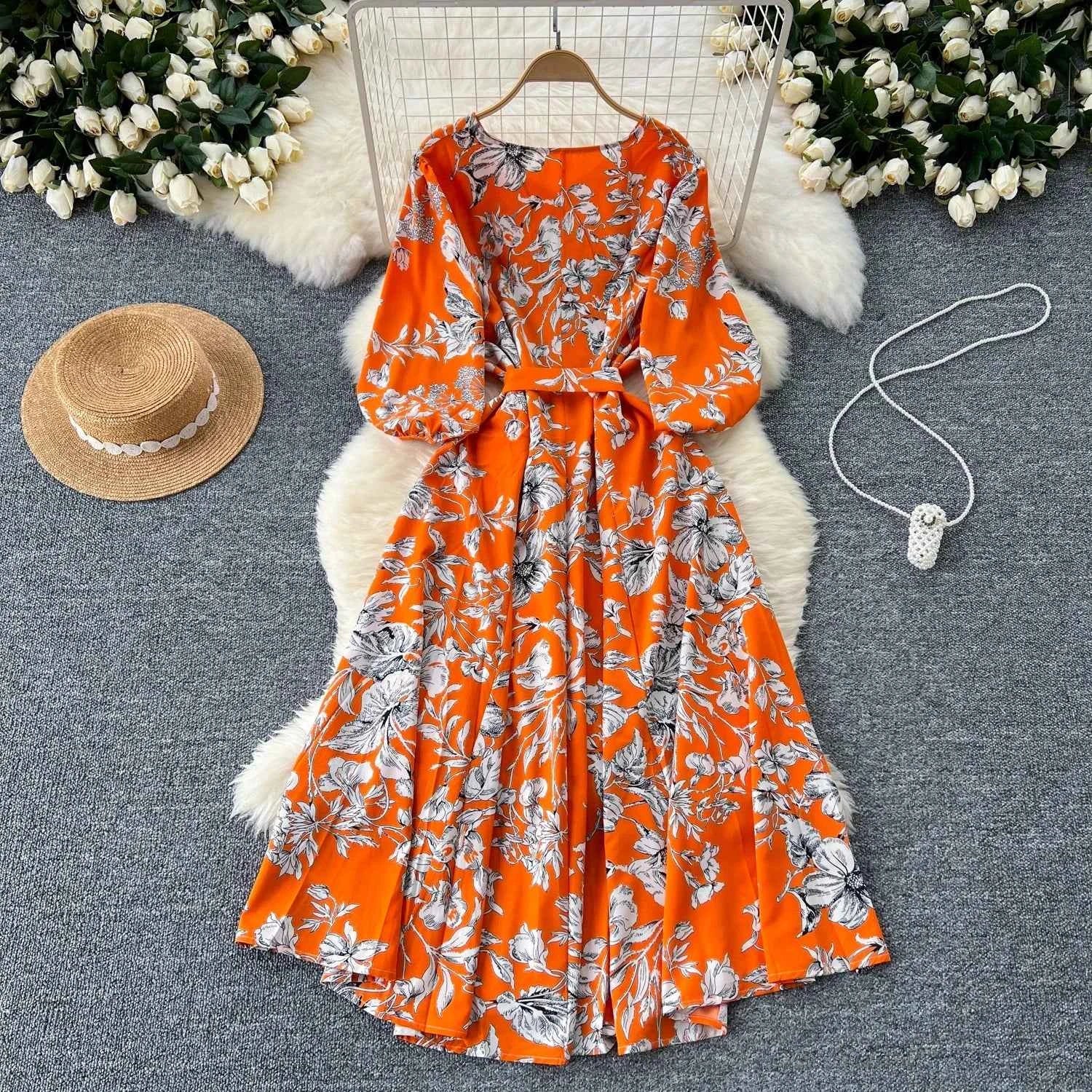 Elegant Boho Floral Print Floral Pleated Maxi Long Dress Female V Neck Puff Sleeve Belt Dresses Women Summer Dress Robe