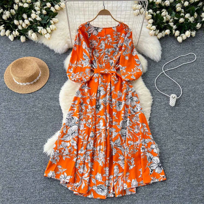 Elegant Boho Floral Print Floral Pleated Maxi Long Dress Female V Neck Puff Sleeve Belt Dresses Women Summer Dress Robe