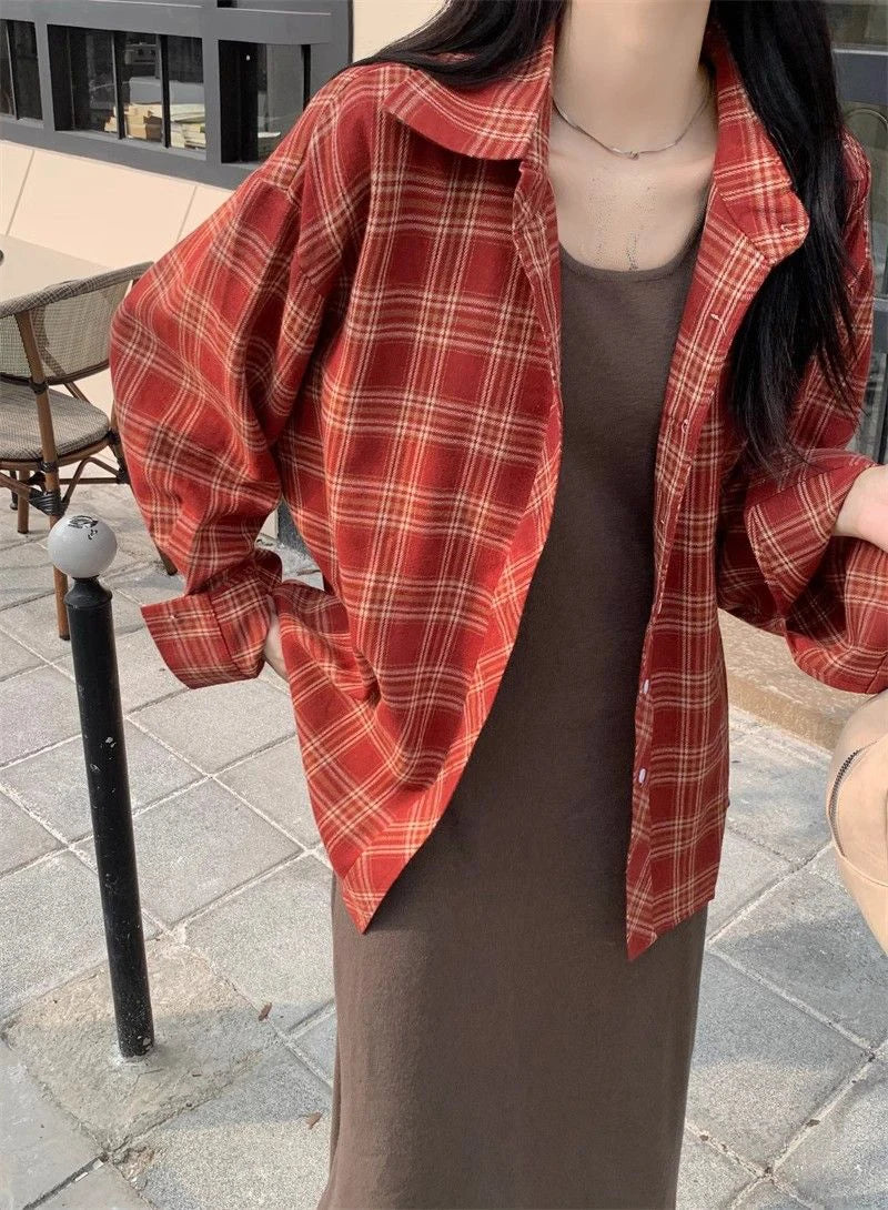 Zoki American Y2K Plaid Shirt Women Loose Streetwear Long Sleeve Vintage Blouse Casual Oversize All Match Female Spring Tops New - AMULET RING STORE