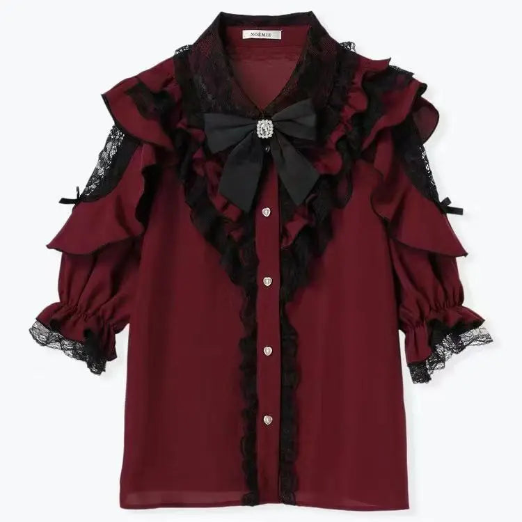 Sweet Gothic Lolita Two Piece Set, Off Shoulder Blouse + High Waist Skirt, Kawaii Tri-color Lace Coord Outfit for Women & Teens