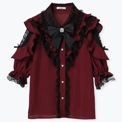 Sweet Gothic Lolita Two Piece Set, Off Shoulder Blouse + High Waist Skirt, Kawaii Tri-color Lace Coord Outfit for Women & Teens