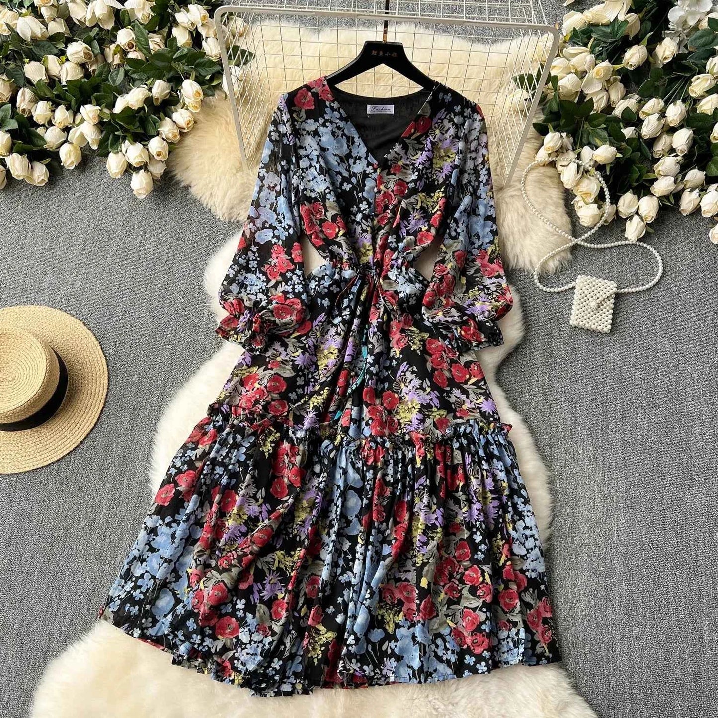 2026 Romantic Floral Print Chiffon Long Sleeve Dress Women Sexy V-neck A Line Beach Vestidos Elegant Elastic Waist Party Dress