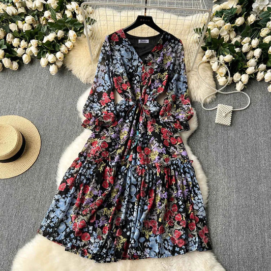 2026 Romantic Floral Print Chiffon Long Sleeve Dress Women Sexy V-neck A Line Beach Vestidos Elegant Elastic Waist Party Dress
