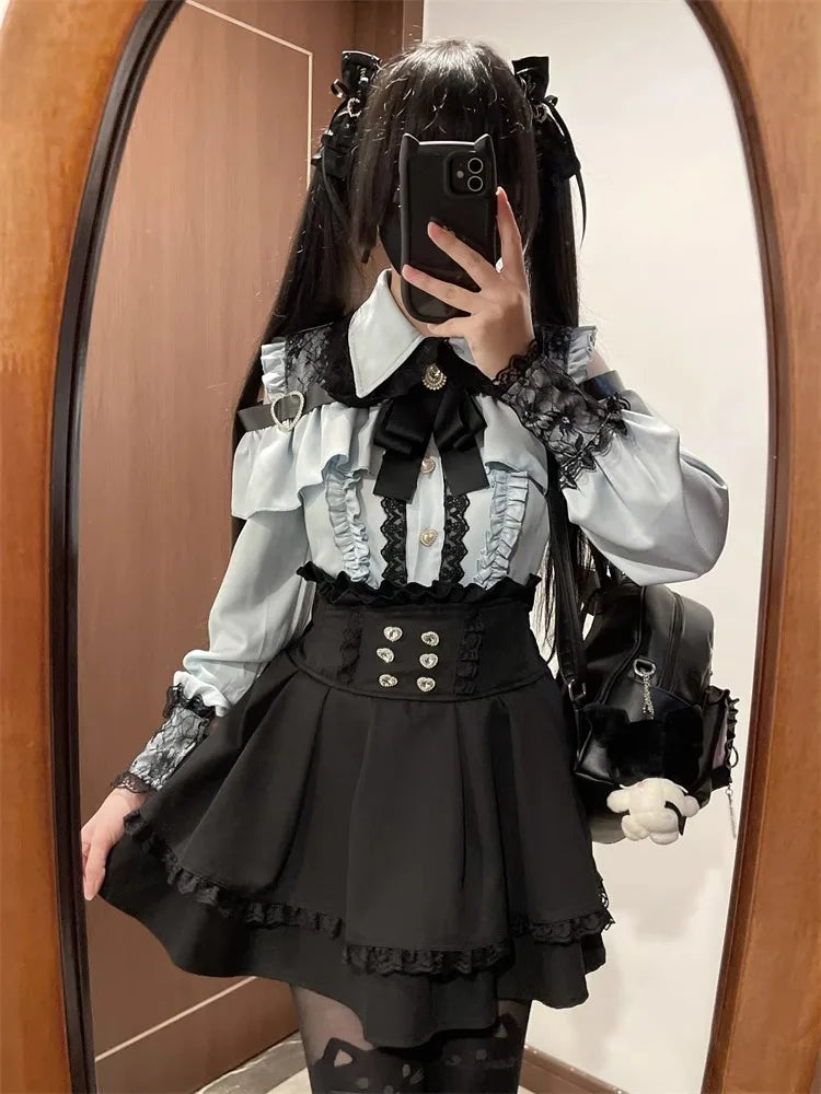 Sweet Gothic Lolita Two Piece Set, Off Shoulder Blouse + High Waist Skirt, Kawaii Tri-color Lace Coord Outfit for Women & Teens