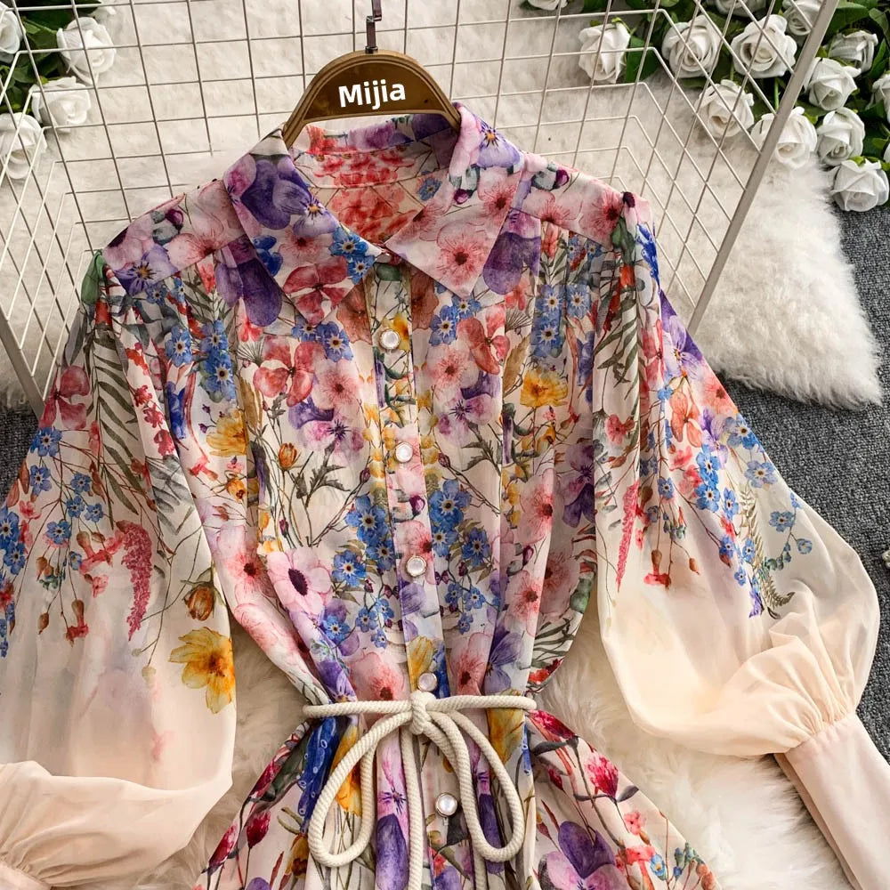 Faionable Print Long Dr Women's Spring Belted Waist Pleated Lantern Sve Turn-down Collar Dr Korean Sle Commute