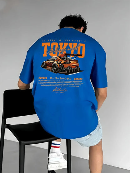 Men's Summer 100% Cotton Fashionable Casual Loose Large Size Japanese Tokyo Pattern Printed Round Neck Short Sleeve T-shirt Top - AMULET RING STORE