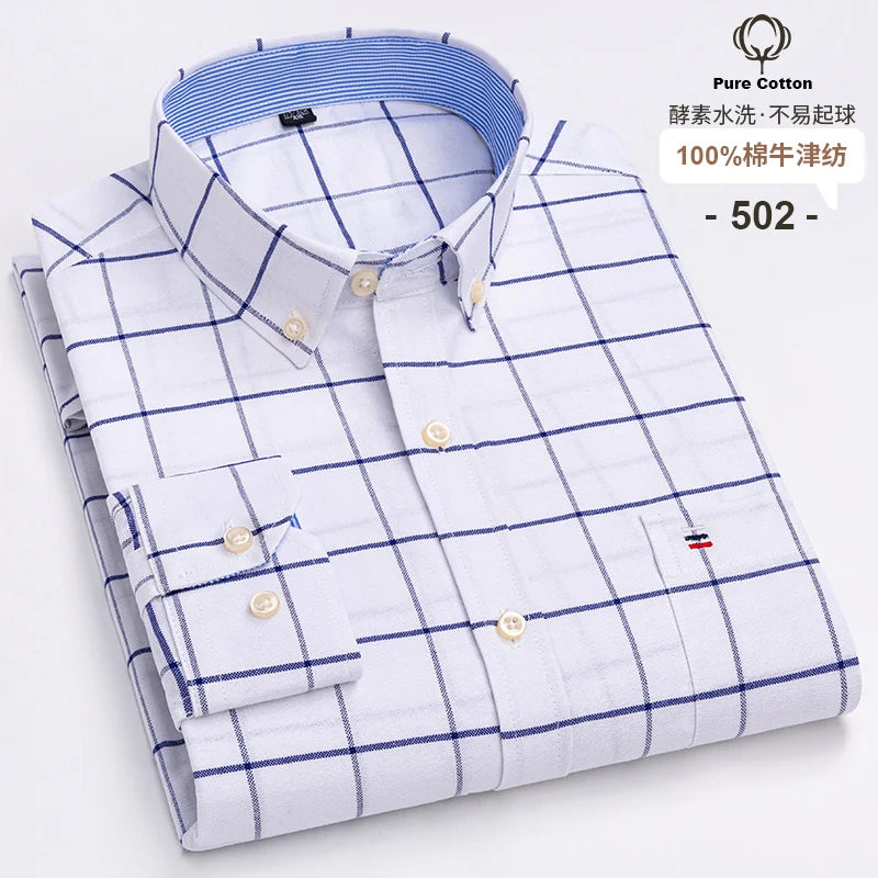 100% Cotton Oxford Men's Shirts Long Sleeves Plaid Soft Regular Fit Formal Dress Shirt Pocket Social Blouse Male Clothes S-7XL
