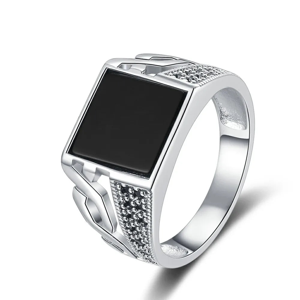 S925 Silver Jewelry Ring Natural Oval Rectangle Big Black Agate Stone Vintage Ring For Women Party Gifts