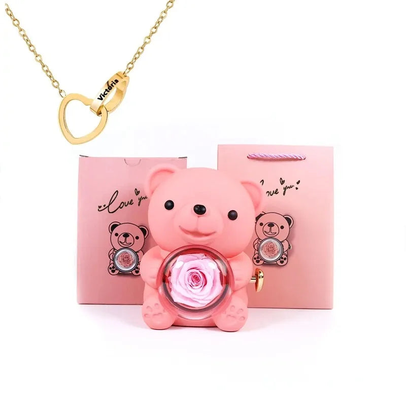 Eternal Rose Teddy Bear Jewelry Box with Custom Name Necklace Valentine Wedding Special Present for Girlfriend Anniversary gift - AMULET RING STORE