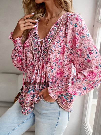 2024 Summer Fashion New Women's Elegant Casual Printed V-neck Shirt with Bubble Sleeves and Loose Commuting Style Top - AMULET RING STORE