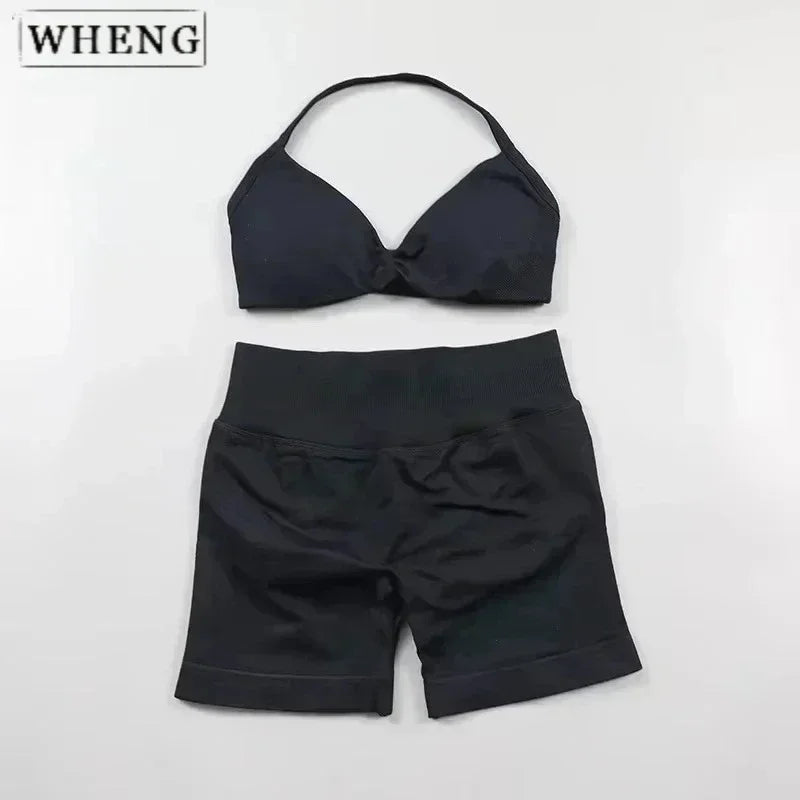 WHENG 2PCS Yoga Fitness Suit Women's Seamless Lace-Up Yoga Bra Top High Waist Workout Scratch Shorts Sports Suit Fitness Suit