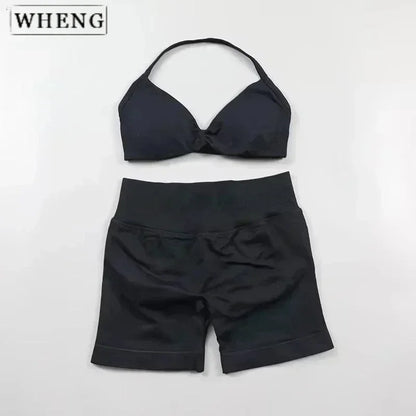 WHENG 2PCS Yoga Fitness Suit Women's Seamless Lace-Up Yoga Bra Top High Waist Workout Scratch Shorts Sports Suit Fitness Suit