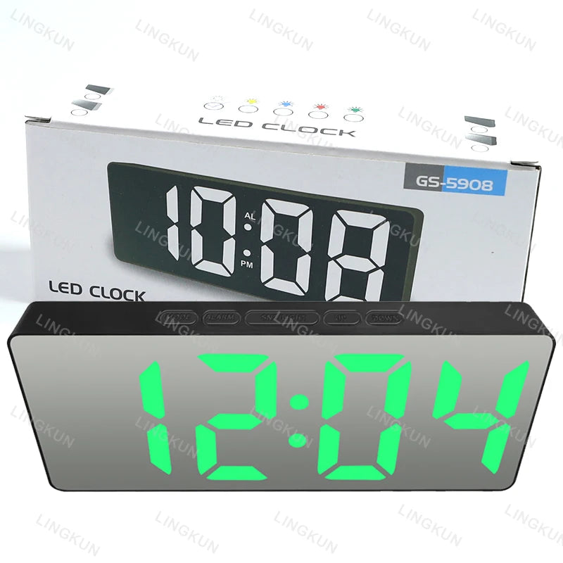 Curved Screen Clock Digital Led Alarm Clock with Temperature Display Large Mirror Clock Snooze Bedside Table Clock Room Decor