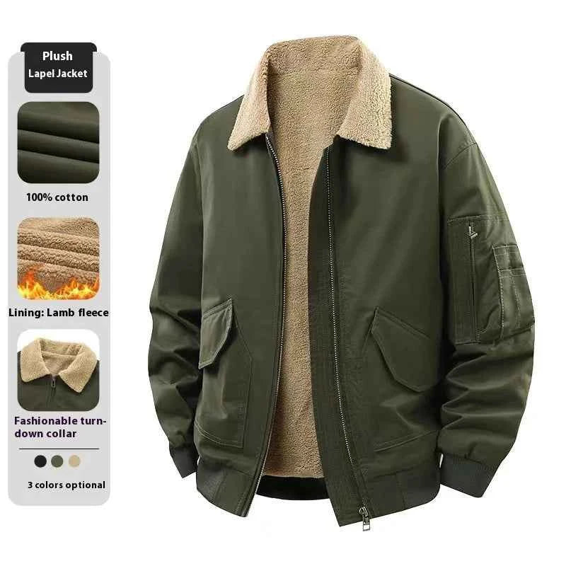 Men's Winter Fleece Jacket - Zipper Coat, Stylish and Elegant Lapel Design, Lamb Wool Lining - Cold Weather Coat, Suitable for Daily and Formal Events - Military Style Casual Jacket, Layered Wear, Military Style Design, Durab