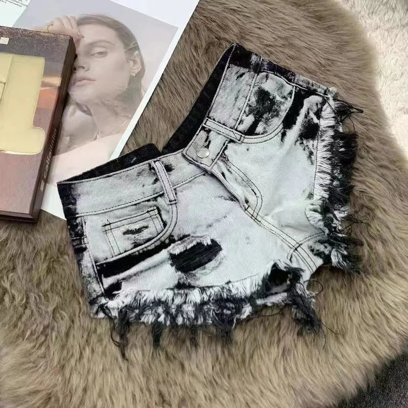 Slimming Skinny Denim Hot Pants - Vintage Wash Ultra Low-Rise Distressed Y2K Sexy Shorts for Baddie Street Style